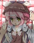  animal_ears arm_grab bad_id bad_pixiv_id blush ear_blush food hat highres holding_hands incoming_pocky_kiss lying mouth_hold mystia_lorelei on_back out_of_frame perspective pink_hair pocky pov pov_hands short_hair solo_focus touhou urimono wings yellow_eyes 
