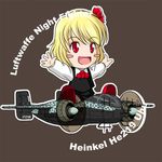  aircraft airplane antennae blonde_hair blush_stickers chibi commentary hair_ribbon he_219 hirschgeweih_antennas outstretched_arms red_eyes ribbon rumia sakurato_tsuguhi short_hair solo spread_arms swastika touhou world_war_ii 