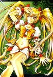  blonde_hair bow choker cure_sunshine flower green_background hair_ribbon heartcatch_precure! long_hair magical_girl midriff myoudouin_itsuki myu-kimera navel one_eye_closed orange_bow orange_choker orange_skirt precure ribbon skirt smile solo traditional_media twintails very_long_hair yellow_bow yellow_eyes 