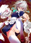  blue_eyes braid censored highres izayoi_sakuya kanoe maid maid_headdress mosaic_censoring no_panties pointless_censoring pubic_hair pussy short_hair silver_hair solo thighhighs touhou twin_braids 