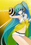  aqua_eyes aqua_hair bad_id bad_pixiv_id ball center_opening hatsune_miku headphones headset long_hair midriff navel project_diva_(series) project_diva_2nd see-through short_shorts shorts smile solo twintails unzipped very_long_hair vocaloid wogura yellow yellow_(vocaloid) 