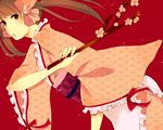  asa_no_ha_(pattern) bad_id bad_pixiv_id black_eyes black_hair bow branch hair_bow hair_ribbon japanese_clothes kimono long_hair obi otome_youkai_zakuro pink_bow red_background ribbon sash satonari simple_background solo twintails zakuro_(otome_youkai_zakuro) 