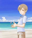  beach blood+ brown_eyes brown_hair casual day ebi-rom gem male_focus miyagusuku_riku solo 