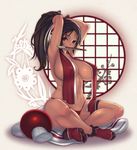  adjusting_hair armpits arms_up breasts brown_hair closed_fan covered_nipples curvy fan fatal_fury feet folding_fan huge_breasts indian_style long_hair mouth_hold navel ponytail puffy_nipples purple_eyes round_window sethxzoe shiranui_mai sitting soles solo the_king_of_fighters toes window 