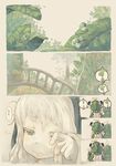  comic green_eyes leaf multiple_girls narumi_arata original silver_hair translated 