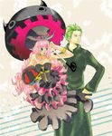  1girl dress floating frilled_dress frills hat kumacy long_hair michiyo one_piece open_mouth perona pink_hair roronoa_zoro scar sweatdrop tattoo top_hat umbrella 