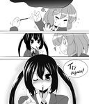  =_= blazer blush blush_stickers comic english food greyscale hair_ornament hairclip hirasawa_yui hoppege jacket k-on! monochrome mouth_hold multiple_girls nakano_azusa o_o one_eye_closed pocky school_uniform twintails 