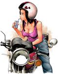  black_eyes black_hair bra_strap breasts bunkosu cleavage denim drinking ground_vehicle helmet jeans large_breasts milk motor_vehicle motorcycle motorcycle_helmet original pants solo tank_top 