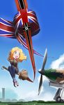  aircraft airplane broom broom_riding commentary flag flying highres hurricane_(airplane) illusion inui_(jt1116) iron_cross medal military multiple_girls original parody shoes sidesaddle sneakers swastika union_jack witch world_war_ii 