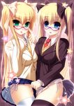  absurdres bad_id bad_pixiv_id blonde_hair blue_eyes glasses green_eyes hair_ribbon highres long_hair multiple_girls necktie open_mouth original panties ribbon sasaki_yukimasa siblings side-tie_panties sisters skirt star thighhighs tongue underwear 