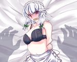  apron arms_behind_back blush bra braid gag gagged improvised_gag izayoi_sakuya lingerie maid maid_headdress niwatori_gunsou no_shirt pov red_eyes short_hair silver_hair solo tape tape_gag touhou twin_braids underwear 