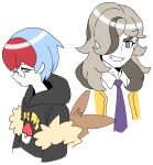  1boy 1girl arven_(pokemon) blue_hair collared_shirt dede_(qwea_00000) glasses grey_eyes hair_over_one_eye hood hoodie looking_at_viewer necktie penny_(pokemon) poke_ball_print pokemon pokemon_(game) pokemon_sv red_hair shirt smile teeth upper_body white_background 