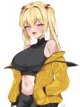  1girl absurdres blonde_hair blush breasts collarbone crop_top hair_ornament highres large_breasts leon_decarabia long_hair mole navel red_eyes sayuri_(k_pring) smile solo stomach thighs twintails white_background 