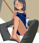  1boy 1girl aruman bare_shoulders barefoot bdsm black_hair black_pants blue_one-piece_swimsuit blurry blurry_background blush breasts brown_eyes bulge cbt collarbone commentary competition_school_swimsuit crotch_stomping dark-skinned_female dark_skin denki_anma femdom grin groin hachiouji_naoto hair_ornament hairclip highres holding_another&#039;s_leg ijiranaide_nagatoro-san indoors knee_up legs_up long_hair looking_at_another looking_down lying nagatoro_hayase on_back pants school_swimsuit shirt shoes small_breasts smile soles stepped_on stomping swimsuit toes uwabaki v-shaped_eyebrows white_shirt 