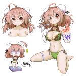  1girl :&lt; :i adapted_costume ahoge bandaged_arm bandages bangs bikini blush breasts brown_bikini brown_eyes bun_cover chibi cleavage closed_mouth commentary_request double_bun eating food full_body futa_(nabezoko) green_bikini hair_bun holding holding_spoon ibaraki_kasen large_breasts looking_at_viewer medium_hair mismatched_bikini multiple_views navel open_mouth pink_hair shaded_face shaved_ice side-tie_bikini_bottom simple_background sitting spoon swimsuit touhou wariza weighing_scale weight_conscious white_background 