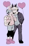  2boys animal_ears backpack bag bakugou_katsuki balloon black_footwear blonde_hair blush boku_no_hero_academia clenched_teeth closed_eyes commentary crepe eating fake_animal_ears food freckles full_body green_hair green_shirt green_shorts grey_jacket grey_pants hand_in_pocket heart_balloon highres holding holding_balloon holding_food hood hoodie jacket long_sleeves looking_at_viewer male_focus midoriya_izuku multiple_boys nugunasutu open_clothes open_jacket pants pink_hoodie purple_background rabbit_ears red_footwear shirt shoes short_hair shorts simple_background spiked_hair standing symbol-only_commentary teeth wolf_ears yellow_bag 