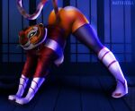  bent_over breasts butt clothed clothing domestic_cat dreamworks felid feline felis female hi_res kung_fu_panda mammal master_tigress nativefall pantherine partially_clothed pose raised_tail solo thick_thighs tiger 