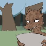  2014 anthro brown_body brown_skin claws clothed clothing damaged_clothing digital_drawing_(artwork) digital_media_(artwork) dirty forest fully_clothed grass horn kobold lagotrope lizard outside plant reading reptile scalie solo story story_at_source story_in_description tgchan tree 