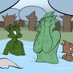  2014 anthro bathing bathing_together brown_body brown_skin clothed clothing digital_drawing_(artwork) digital_media_(artwork) dirty fen_(lagotrope) grass green_body green_skin group horn kobold lagotrope lizard male outside plant pond pupils reptile scalie slit_pupils standing story story_at_source story_in_description tgchan topless tree trio water 