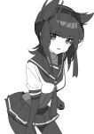  1girl bangs blush bodysuit breasts greyscale hachimaki hair_flaps hatsuzuki_(kancolle) headband highres kantai_collection looking_at_viewer medium_breasts miniskirt monochrome neckerchief parted_lips pleated_skirt sailor_collar sayuwan school_uniform serafuku simple_background skirt solo 