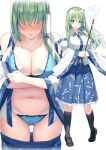  1girl bare_shoulders black_footwear black_socks blue_bra blue_eyes blue_panties blue_skirt blush bra breasts cleavage clothes_pull collarbone detached_sleeves frog_hair_ornament gohei green_hair hair_ornament holding japanese_clothes kneehighs kochiya_sanae large_breasts liya long_hair multiple_views navel nontraditional_miko open_mouth panties shoes simple_background skirt skirt_pull snake_hair_ornament socks star_(symbol) touhou underwear white_background white_sleeves wide_sleeves 