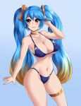  1girl arm_up bikini blonde_hair blue_bikini blue_eyes blue_hair blush breasts closed_mouth collarbone colored_tips facing_viewer gold_choker hair_ornament hand_in_own_hair highres large_breasts league_of_legends leonart long_hair looking_to_the_side multicolored_hair navel skindentation smile solo sona_(league_of_legends) stomach swimsuit thighlet twintails very_long_hair 