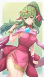  1girl breasts cowboy_shot dragonstone dress fire_emblem fire_emblem:_mystery_of_the_emblem fire_emblem_awakening gradient gradient_background green_eyes green_hair highres long_hair looking_at_viewer miragetiki official_alternate_costume pink_dress pointy_ears ponytail short_dress side_slit sideboob simple_background sleeveless sleeveless_dress smile solo stone strapless strapless_dress tiara tiki_(fire_emblem) 