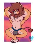  2021 anthro brown_hair bulge clothed clothing felid feline hair hi_res lion male mammal muscular muscular_anthro muscular_male nipples pantherine red_eyes shaded simple_background simple_shading smile solo tobyreole underwear underwear_only 