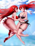 2girls adapted_costume ankle_ribbon ass barefoot beach bikini black_bikini breasts cordelia_(fire_emblem) day feet fire_emblem fire_emblem_awakening fire_emblem_heroes hair_ornament high_heels highres holding_hands interlocked_fingers jaxdrawz leg_ribbon long_hair looking_at_viewer mother_and_daughter multiple_girls nintendo official_alternate_costume red_bikini red_eyes red_hair ribbon severa_(fire_emblem) stomach swimsuit thigh_strap thighs twintails wide_hips yuri 