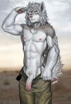  2022 5_fingers anthro canid canine canis day detailed_background digital_media_(artwork) domestic_dog eyebrows eyelashes fingers genitals grey_hair hair heterochromia hi_res male mammal navel nipples outside penis shirtless sky smile solo variri 