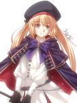  1girl artoria_caster_(fate) artoria_caster_(second_ascension)_(fate) artoria_pendragon_(fate) bangs belt beret black_gloves blonde_hair bow buttons cape collared_shirt commentary_request dress fate/grand_order fate_(series) gloves green_eyes hair_between_eyes hair_ornament hat highres holding holding_staff kirupi long_hair long_sleeves looking_at_viewer purple_bow shirt sidelocks signature simple_background smile solo staff twintails white_dress 