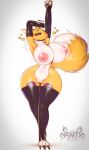  &lt;3 absurd_res anthro areola bandai_namco big_breasts black_sclera blue_eyes bodily_fluids breasts clothing digimon digimon_(species) female fur genital_fluids genitals hi_res huge_breasts legwear looking_at_viewer nipples nude pussy renamon sagaris_uwu simple_background smile solo thick_thighs thigh_highs white_body white_fur wide_hips yellow_body yellow_fur 