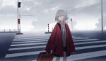  1girl absurdres bangs blue_eyes cloud cloudy_sky crosswalk gears grey_hair highres hood hoodie jacket laluna long_sleeves looking_back original outdoors oversized_object railing road rolling_suitcase short_hair shorts sky solo suitcase traffic_light 