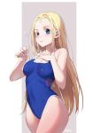  1girl absurdres bangs bare_arms bare_shoulders blonde_hair blue_eyes blue_one-piece_swimsuit blurry bokeh breasts chinese_commentary collarbone competition_school_swimsuit constricted_pupils covered_navel cowboy_shot depth_of_field forehead highres holding joehi kofune_ushio long_hair looking_at_viewer medium_breasts original parted_lips school_swimsuit shadow signature simple_background solo summertime_render swimsuit thighs two-tone_background 