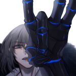  1boy blue_eyes blurry blurry_background claws fate/grand_order fate_(series) flick forehead_flick fur_trim grey_hair hochikass male_focus oberon_(fate) oberon_(third_ascension)_(fate) pov white_background 
