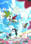  1girl akari_(pokemon) artist_name beautifly black_hair black_shirt blurry cloud day e_volution falling_petals field flower flower_field head_scarf holding jacket long_hair loose_socks luxio outdoors pantyhose petals pink_flower pokemon pokemon_(creature) pokemon_(game) pokemon_legends:_arceus ponytail shaymin shaymin_(land) shaymin_(sky) shirt shoes skirt sky socks standing white_headwear 