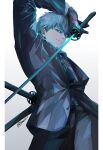  1boy bangs black_gloves black_jacket black_necktie black_pants blue_hair brown_eyes closed_mouth collared_shirt commentary_request cowboy_shot expressionless fate/grand_order fate_(series) formal from_below gloves gradient gradient_background holding holding_sword holding_weapon jacket katana long_sleeves looking_at_viewer looking_down male_focus necktie pants saitou_hajime_(fate) sei_8220 serious shirt short_hair solo sword twitter_username weapon white_shirt 