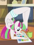  absurd_res anthro backbend barefoot blossomforth_(mlp) blue_eyes breasts clothed clothing elbow_stand equid equine feet female flexible freckles friendship_is_magic fur grey_nipples hair hasbro hi_res horse magazine mammal mug multicolored_hair my_little_pony nipples pattern_clothing pattern_underwear pegasus plantigrade pony reading solo striped_clothing striped_underwear stripes tolpain topless two_tone_hair underwear white_body white_fur wings 