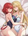  2girls absurdres artist_name ass bangs bare_shoulders black_one-piece_swimsuit blonde_hair blush breasts chest_jewel cleavage competition_swimsuit covered_navel dolechan gem headpiece highres jewelry large_breasts long_hair looking_at_viewer multiple_girls mythra_(radiant_beach)_(xenoblade) mythra_(xenoblade) one-piece_swimsuit parted_lips pyra_(pro_swimmer)_(xenoblade) pyra_(xenoblade) red_eyes red_hair short_hair smile strapless strapless_swimsuit swept_bangs swimsuit teeth thighs tiara two-tone_swimsuit very_long_hair white_one-piece_swimsuit xenoblade_chronicles_(series) xenoblade_chronicles_2 yellow_eyes 