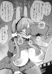  1girl animal_ears blue_archive breasts breasts_out covering_eyes fake_animal_ears fellatio glasses halo hetero highres huge_breasts kira_boshi27 large_penis long_hair moe_(blue_archive) monochrome oral pantyhose penis rabbit_ears round_eyewear sitting skirt solo_focus speech_bubble sweater twintails 