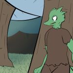  2014 anthro bottomwear clothed clothing digital_drawing_(artwork) digital_media_(artwork) fen_(lagotrope) fully_clothed grass green_body horn kobold lagotrope lizard male outside pants plant reptile scalie shirt solo standing story story_at_source story_in_description tgchan topwear tree 