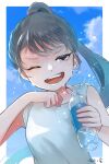  1girl absurdres bangs blue_sky bottle cloud eyelashes flying_sweatdrops green_hair highres holding holding_bottle kuragenohoshi26 one_eye_closed open_mouth original shirt signature sky sleeves_rolled_up smile sweat teeth upper_body upper_teeth water water_bottle water_drop wet wet_hair white_shirt wiping_face 