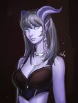  1girl bare_shoulders blue_eyes blue_sclera bra breasts brown_bra cleavage closed_mouth colored_sclera colored_skin distr draenei grey_hair highres horns large_breasts long_hair looking_at_viewer pointy_ears purple_skin signature smile solo tentacles underwear upper_body warcraft world_of_warcraft 