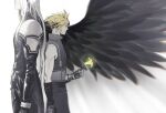  2boys aqua_eyes armor back-to-back bangs bare_shoulders belt black_gloves black_jacket black_wings blonde_hair cloud_strife cowboy_shot feathered_wings final_fantasy final_fantasy_vii final_fantasy_vii_remake flower gloves grey_hair grey_pants grey_shirt hair_between_eyes head_out_of_frame high_collar highres holding holding_flower jacket long_bangs long_hair long_jacket long_sleeves looking_to_the_side male_focus multiple_belts multiple_boys pants parted_bangs sephiroth shirt short_hair shoulder_armor single_wing sleeveless sleeveless_turtleneck spiked_hair spot_color suspenders turtleneck white_background wings xianyu314 yellow_flower 