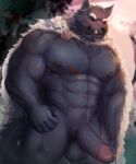 abs anthro balls barazoku big_penis blaidd_(elden_ring) bodily_fluids canid canine canis cape clothing elden_ring fangs fromsoftware genital_fluids genitals hi_res krowndconvz male mammal muscular muscular_anthro muscular_male nipples pecs penis precum pubes scar solo thick_penis video_games wolf 