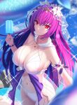  1girl absurdres bangs bare_shoulders bikini breasts cleavage collarbone fate/grand_order fate_(series) flower hair_between_eyes hair_flower hair_ornament highres large_breasts long_hair looking_at_viewer mishiro_(ixtlolton) navel purple_hair red_eyes scathach_(fate) scathach_skadi_(fate) scathach_skadi_(swimsuit_ruler)_(fate) scathach_skadi_(swimsuit_ruler)_(third_ascension)_(fate) see-through swimsuit thighs white_bikini 