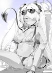  1girl absurdres bikini bikini_pull black_bikini black_gloves blue_archive blush breasts censored choker clothes_pull demon_tail eyewear_on_head female_pubic_hair gloves grey_hair greyscale hair_over_one_eye halo highres huge_nipples iori_(blue_archive) iori_(swimsuit)_(blue_archive) large_areolae long_hair looking_at_viewer monochrome mosaic_censoring navel nipples official_alternate_costume pointy_ears pubic_hair pussy red_eyes socks solo sunglasses swimsuit tail thigh_strap tomako_(tatihitoe) twintails very_long_hair 