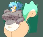  anthro big_breasts blue_hair breasts chip_at_night clothing female fur generation_4_pokemon green_ears green_tail grey_clothing grey_sweater grey_topwear hair hi_res navel nintendo one_tooth pachirisu pokemon pokemon_(species) slight_smile slightly_chubby sweater tan_body tan_fur thick_thighs topwear video_games white_body white_fur writing_on_clothes yellow_cheeks 