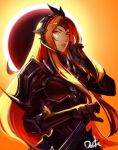  1girl armor blonde_hair boobplate brown_gloves distr full_armor gauntlets gloves highres holding holding_weapon league_of_legends leona_(league_of_legends) looking_at_viewer orange_eyes parted_lips pauldrons shoulder_armor signature solar_eclipse_leona solo weapon 