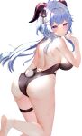  1girl absurdres ahoge ass backless_leotard bare_arms bare_back bare_legs bare_shoulders barefoot black_leotard blue_hair breasts bunny_hair_ornament cross-laced_clothes fake_tail flying_sweatdrops foot_out_of_frame ganyu_(genshin_impact) genshin_impact goat_horns grabbing_own_thigh hair_intakes hair_ornament hair_ribbon hand_up highleg highleg_leotard highres horns large_breasts leotard long_hair looking_at_viewer median_furrow nontraditional_playboy_bunny parted_lips purple_eyes rabbit_tail ribbon shoulder_blades smile solo tail thigh_strap usagi_poi wet x_hair_ornament 